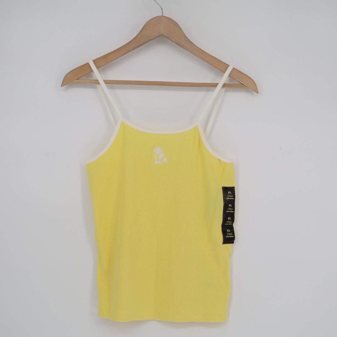 Art Class Tank Top Womens Girls XL(14) Yellow Palm Tree Knit Embroidered Fitted
