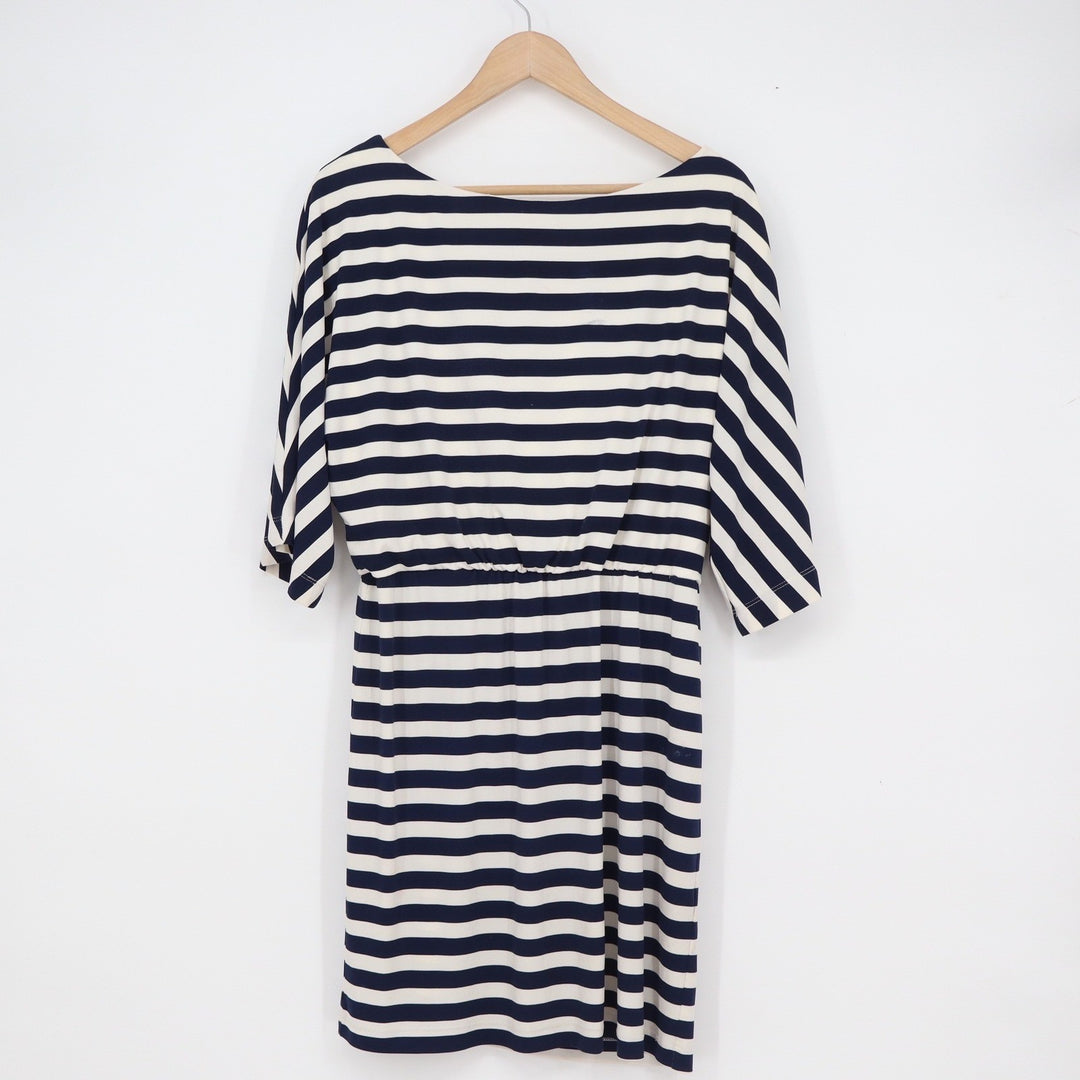 Jessica Howard Navy Blue White Striped Boat Neck Elastic Waist Dress Size 10