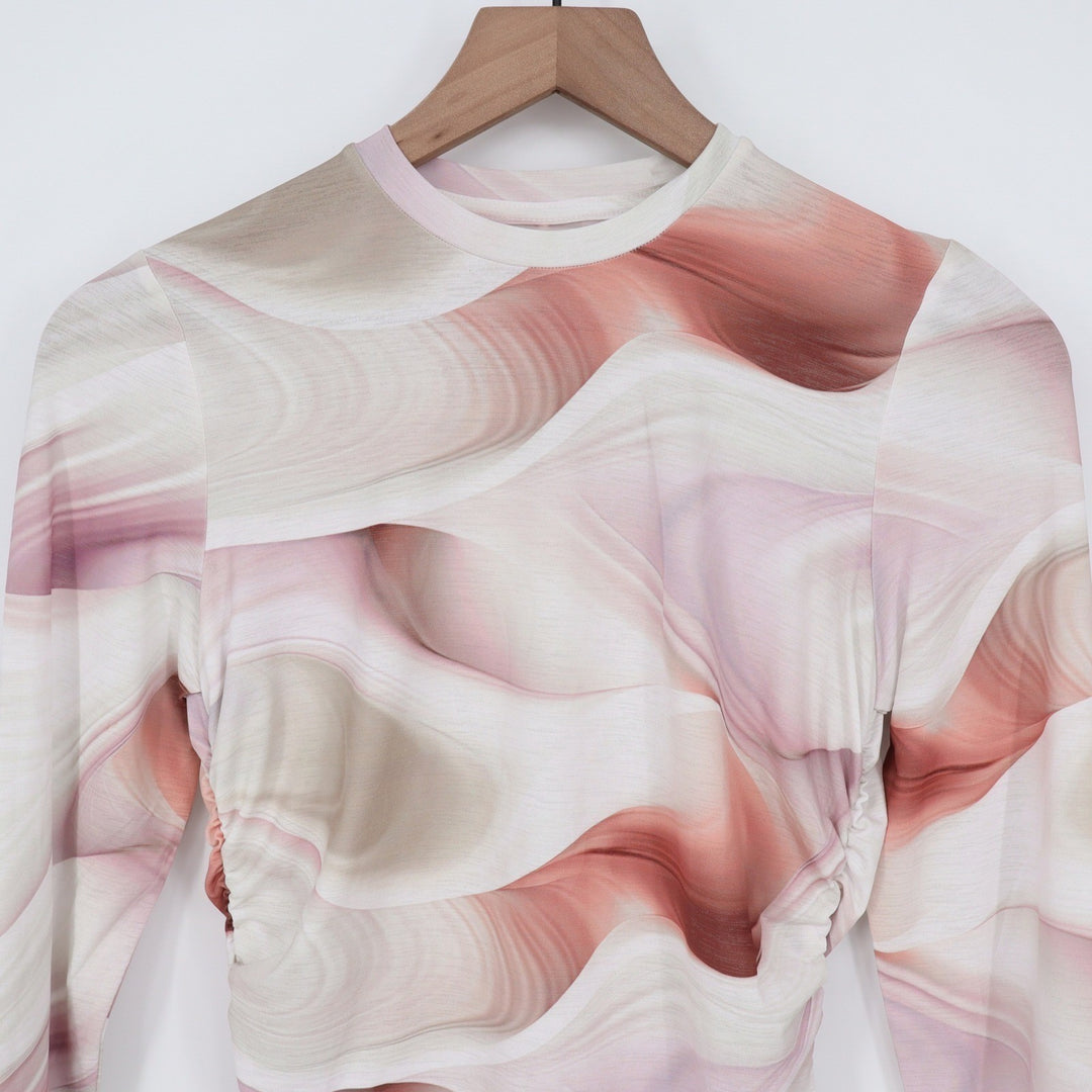CALIA Tissue Texture LS Crew Dunes Coral Ruched Top XS