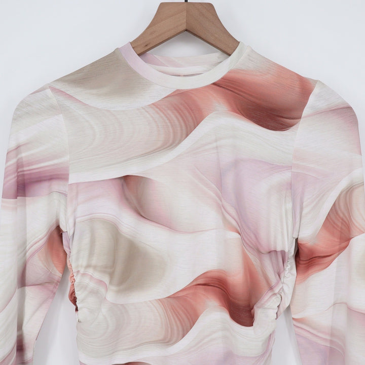CALIA Tissue Texture LS Crew Dunes Coral Ruched Top XS