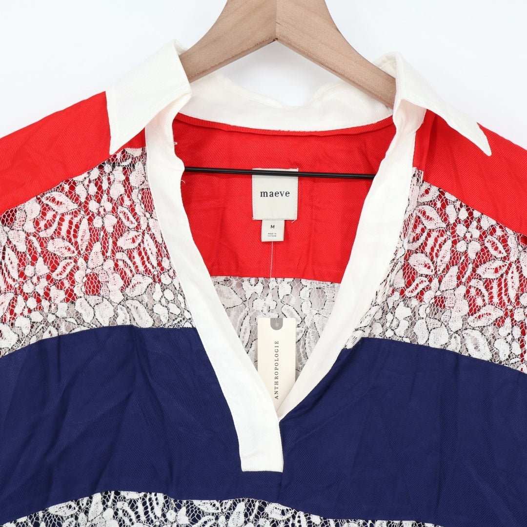 Maeve Paneled Rugby Top Womens Medium Multi Sheer Lace Long Sleeve Spread Collar