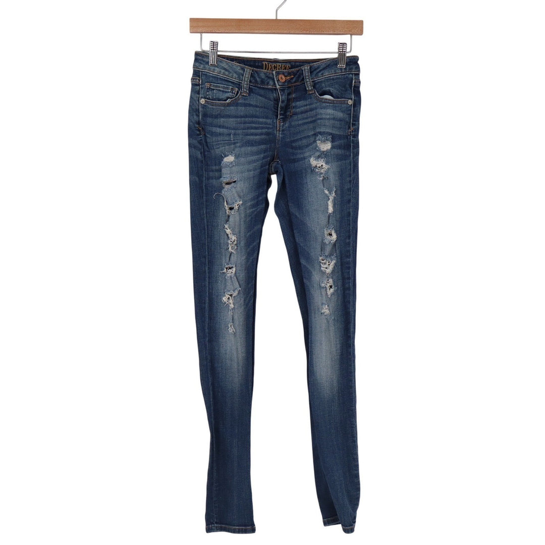 Decree Super Skinny Jeans Womens 3 Medium Wash Distressed Ripped Denim Low Rise