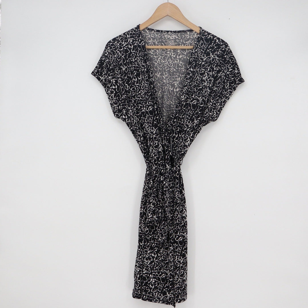 Nine West Black White Abstract Scribble Faux Wrap V-Neck Dress Large