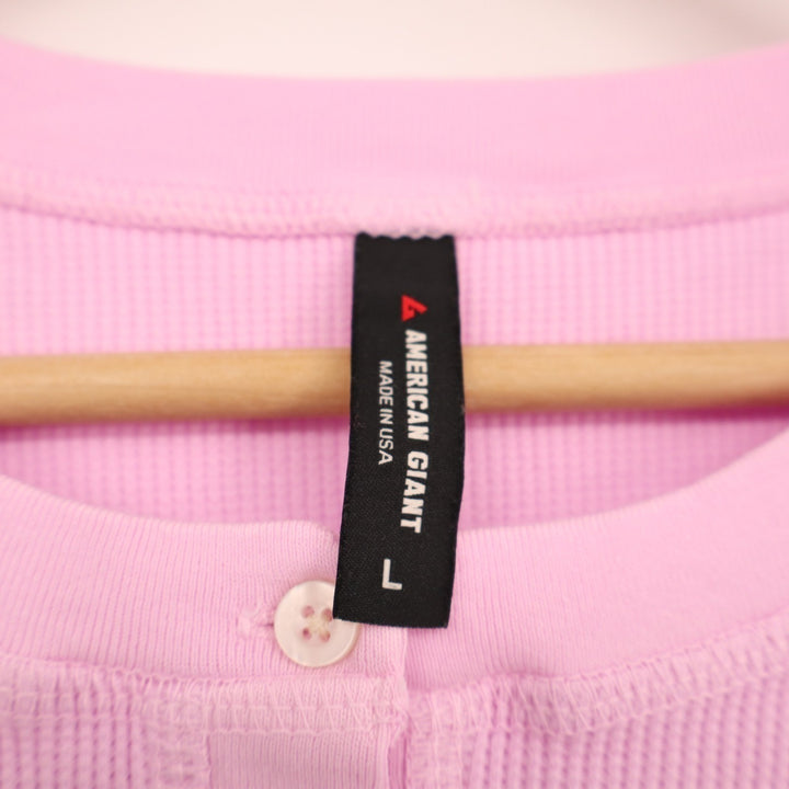 American Giant Thermal T-Shirt Womens L Pink Cotton Stretch Waffle Henley Neck