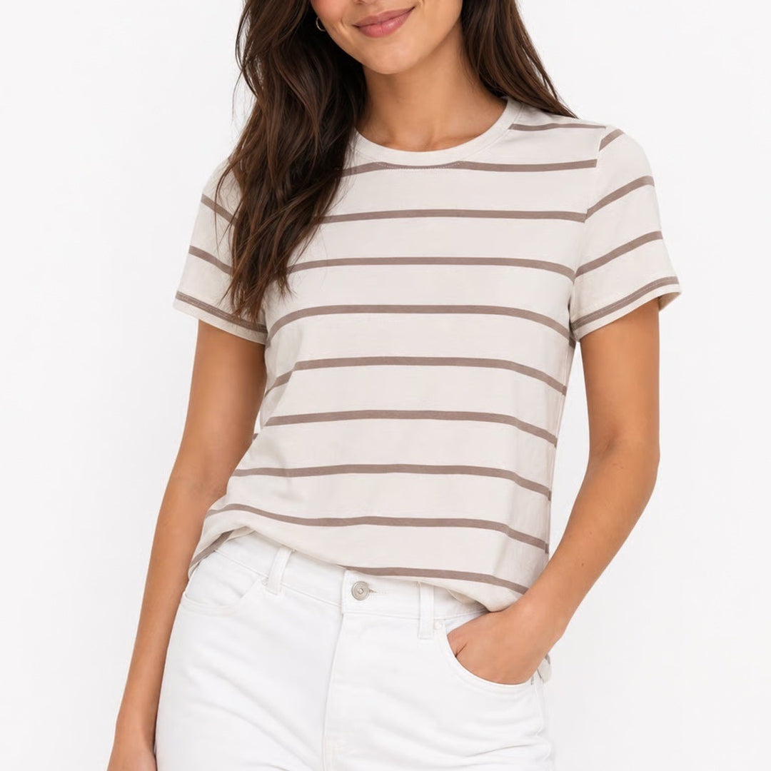 Old Navy Bestee Womens Medium Brown Cream Striped Short Sleeve Crewneck T-Shirt