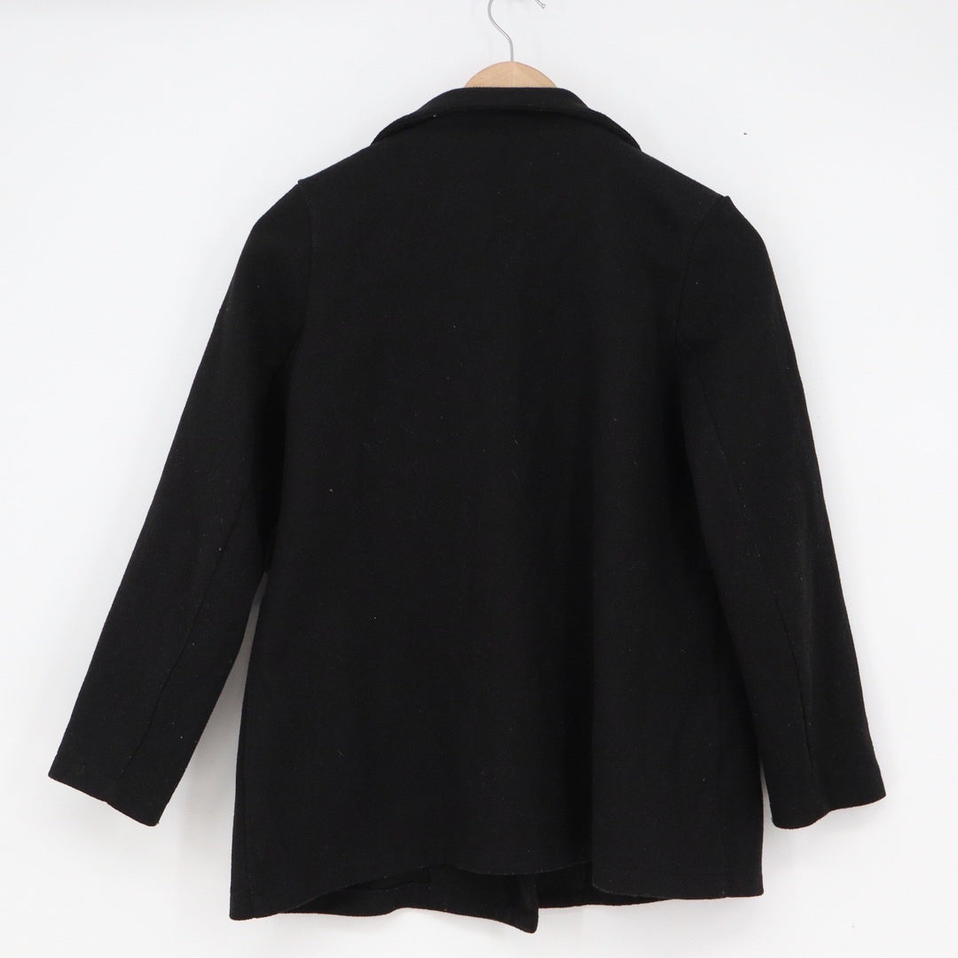 Black Double Breasted Pea Coat Notched Lapel Long Sleeve Mid Weight Jacket M