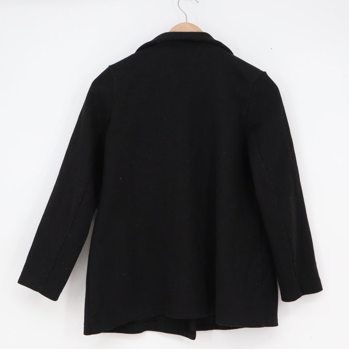 Black Double Breasted Pea Coat Notched Lapel Long Sleeve Mid Weight Jacket M
