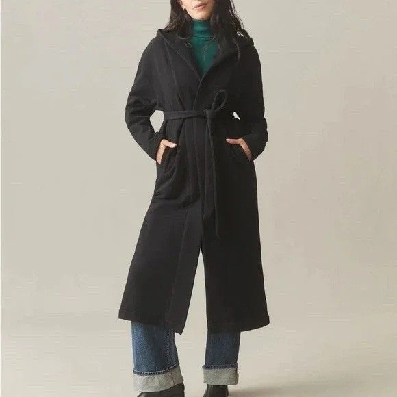 American Giant Fleece Long Coat Women XS/S Black Cotton Waist Belt Pocket Hooded