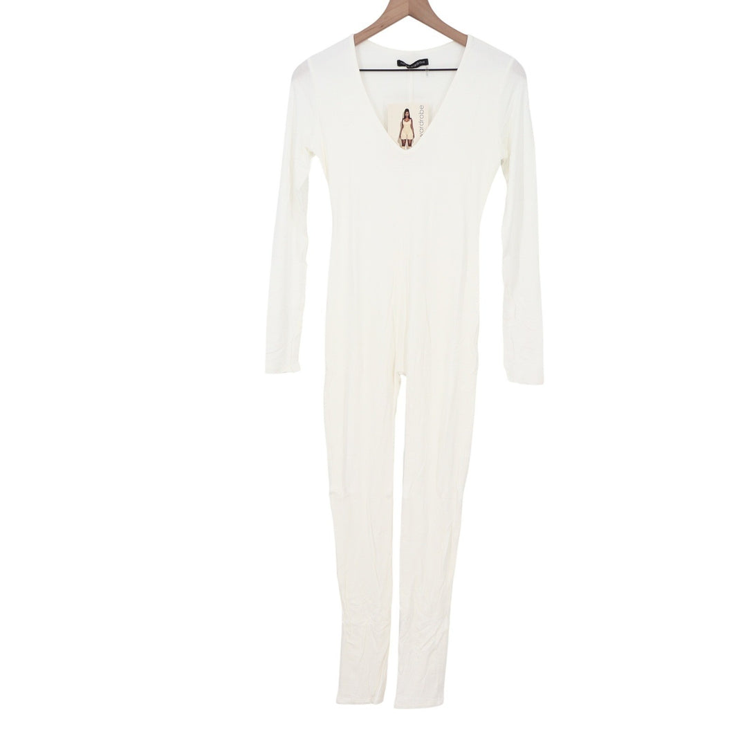 Naked Wardrobe Womens White Long Sleeve V-Neck Jumpsuit Catsuit Size M