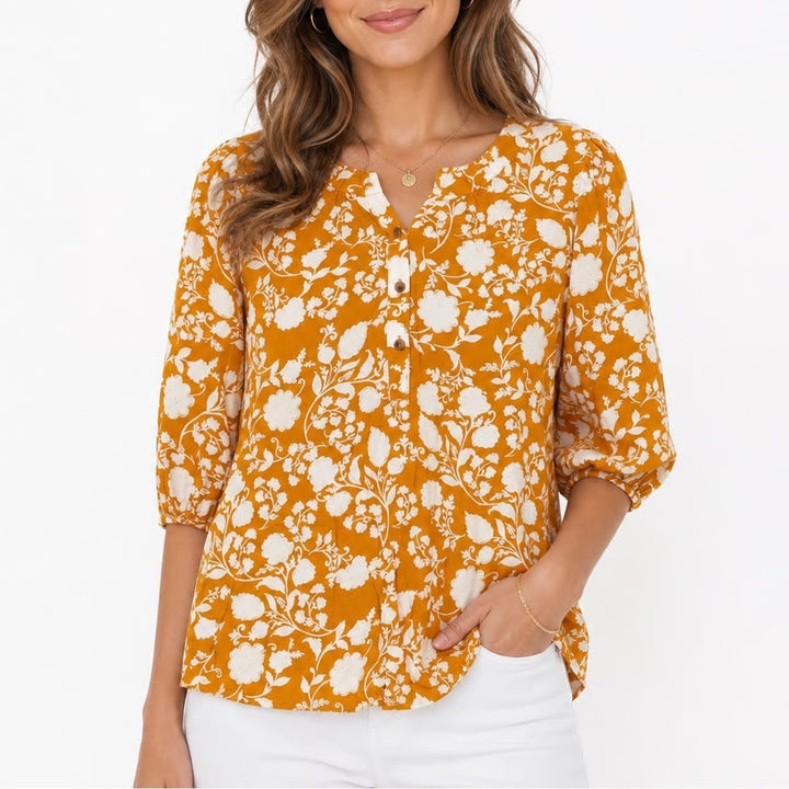 Fred David Womens XL Mustard Yellow White Floral Button Split Neck Blouse