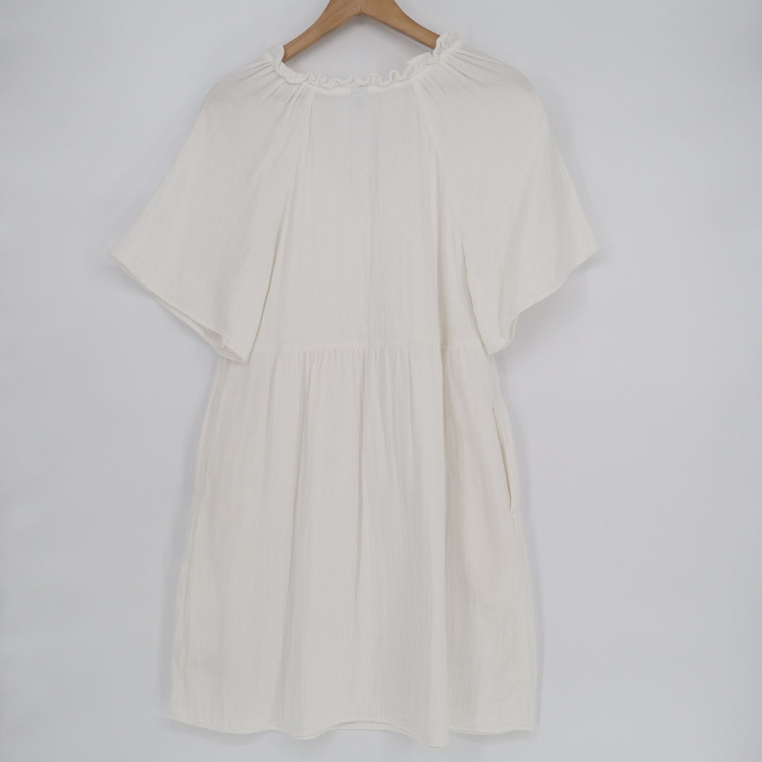 Old Navy Babydoll Dress Women Medium White Cotton Pleated Split Neck Side Pocket