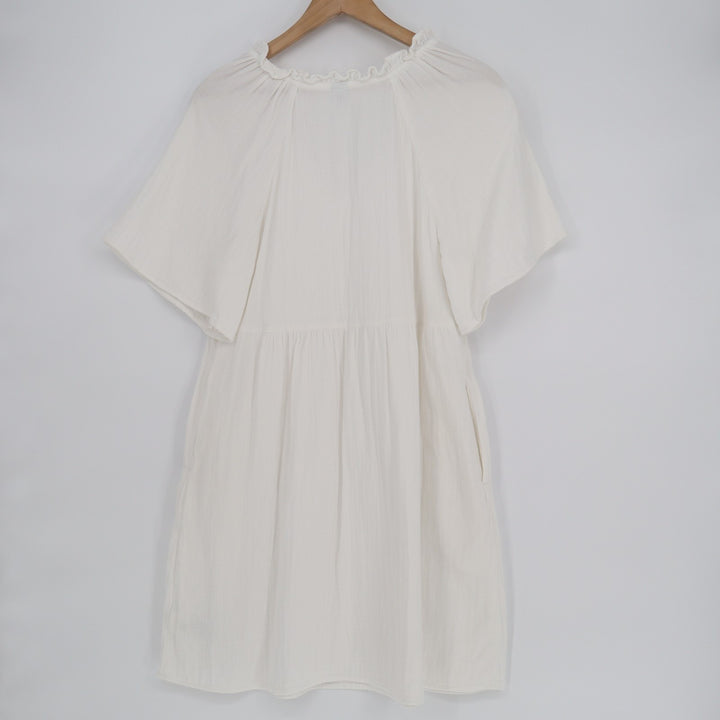 Old Navy Babydoll Dress Women Medium White Cotton Pleated Split Neck Side Pocket