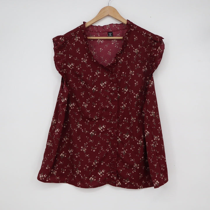 SHEIN Curve 4XL Burgundy Ditsy Floral Ruffle Neck Cap Sleeve Button Front Blouse