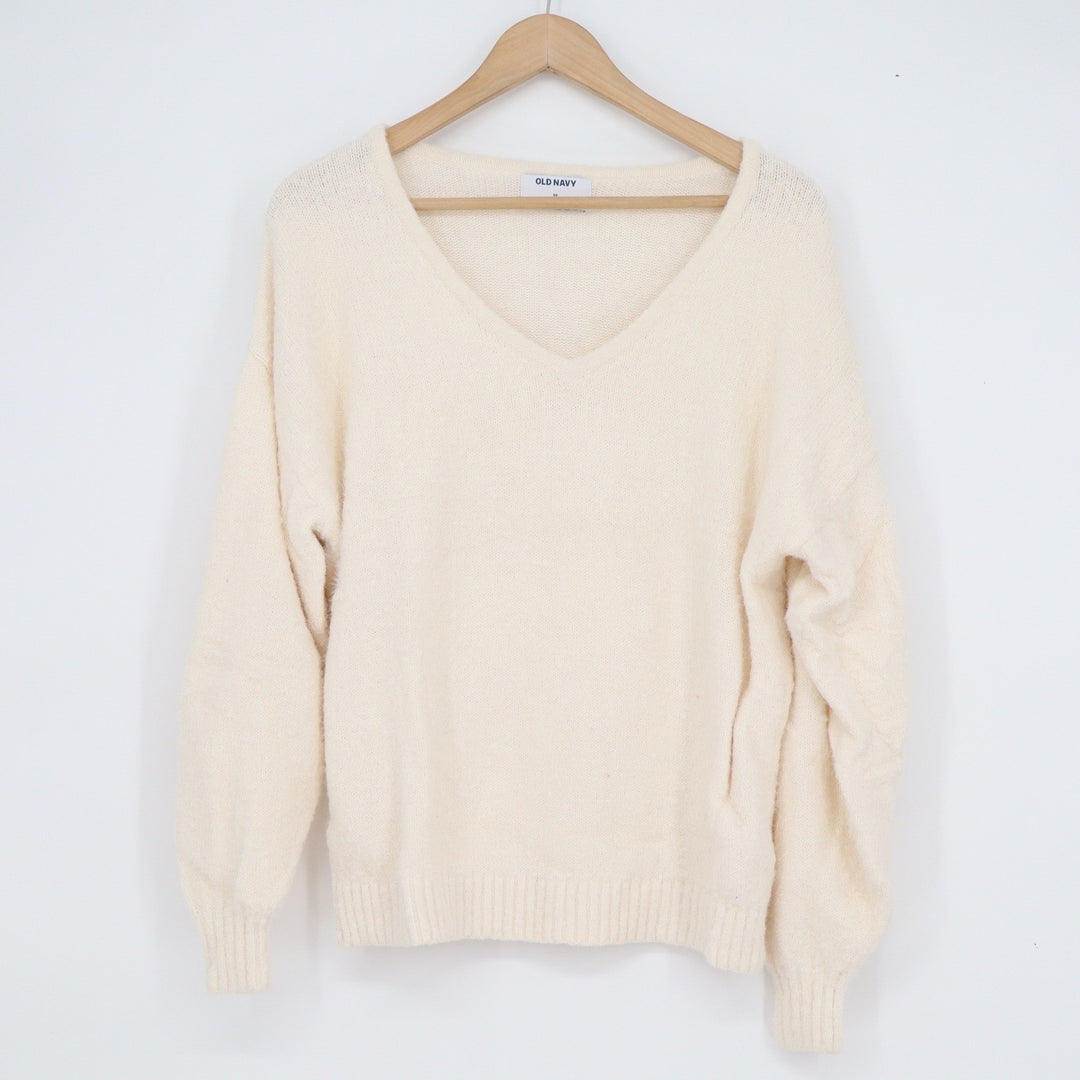 Old Navy Womens XS Cream V-Neck Cotton Blend Fuzzy Knit Pullover Sweater Relaxed