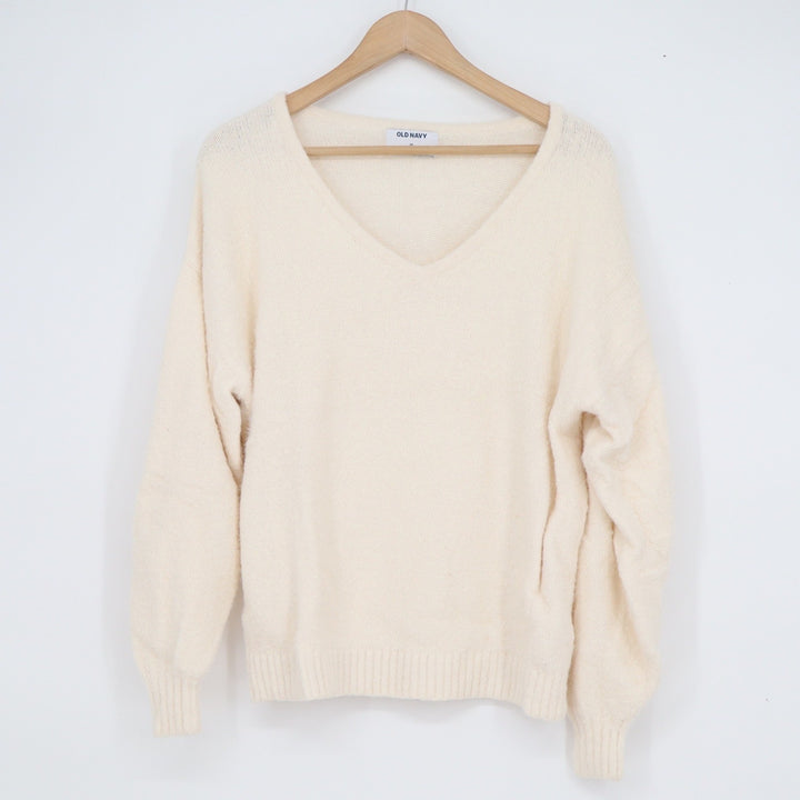 Old Navy Womens XS Cream V-Neck Cotton Blend Fuzzy Knit Pullover Sweater Relaxed