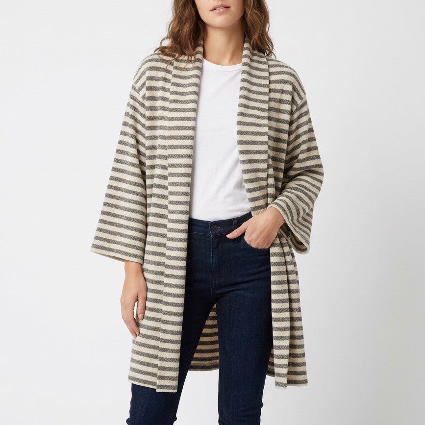 Three Bird Nest The Nest Venyx Cardigan Sweater Womens Small Beige Gray Striped