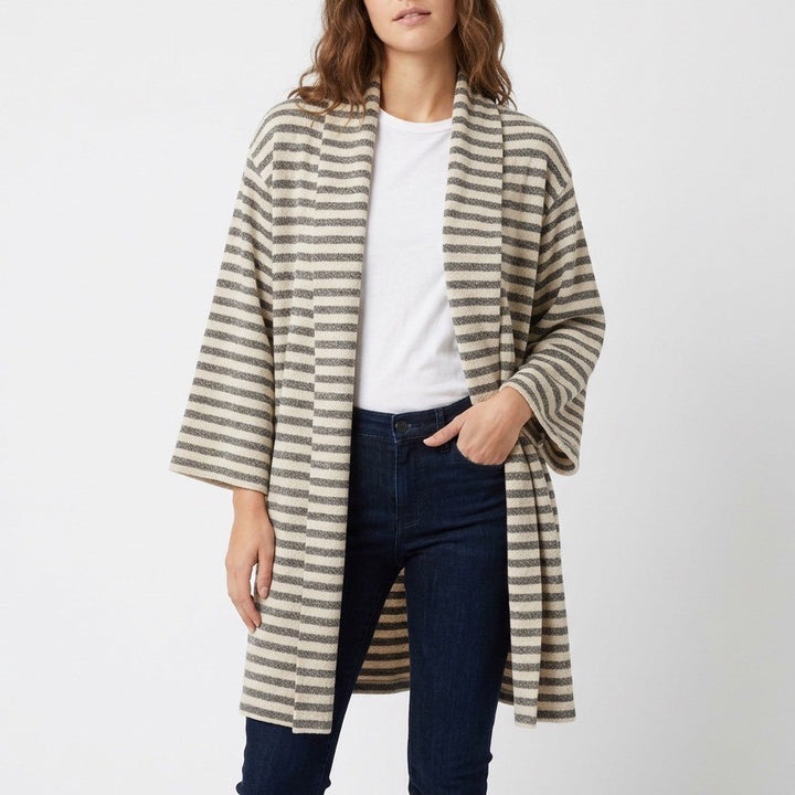 Three Bird Nest The Nest Venyx Cardigan Sweater Womens Small Beige Gray Striped