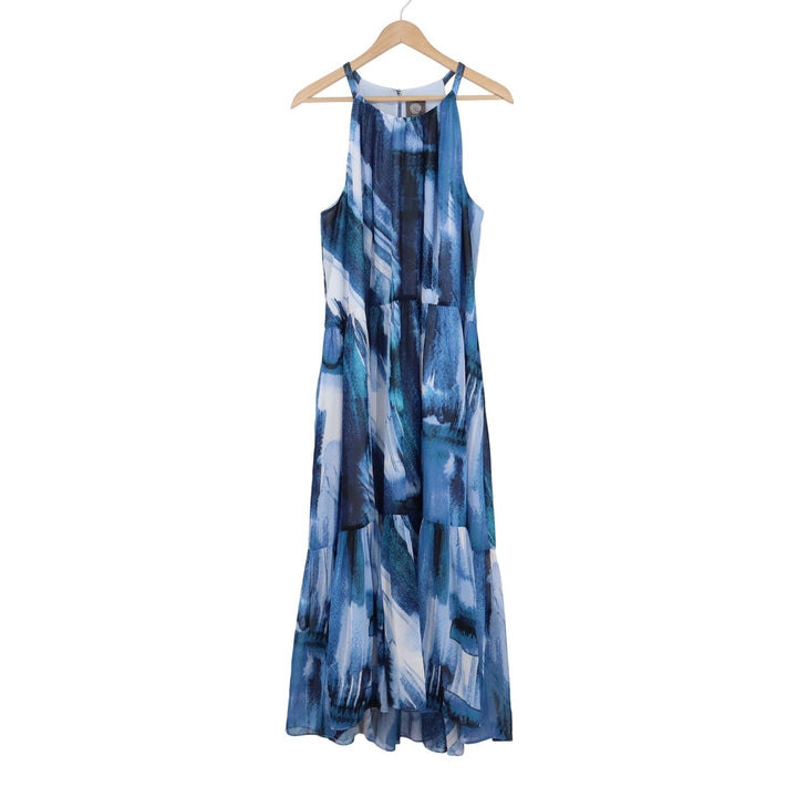 Vince Camuto Blue Abstract Brushstroke Halter Tiered Maxi Dress 20W Plus Size