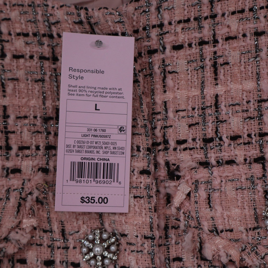Wild Fable Pink Tweed Cropped Jacket Pearl Button Plaid Large
