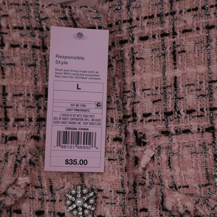 Wild Fable Pink Tweed Cropped Jacket Pearl Button Plaid Large