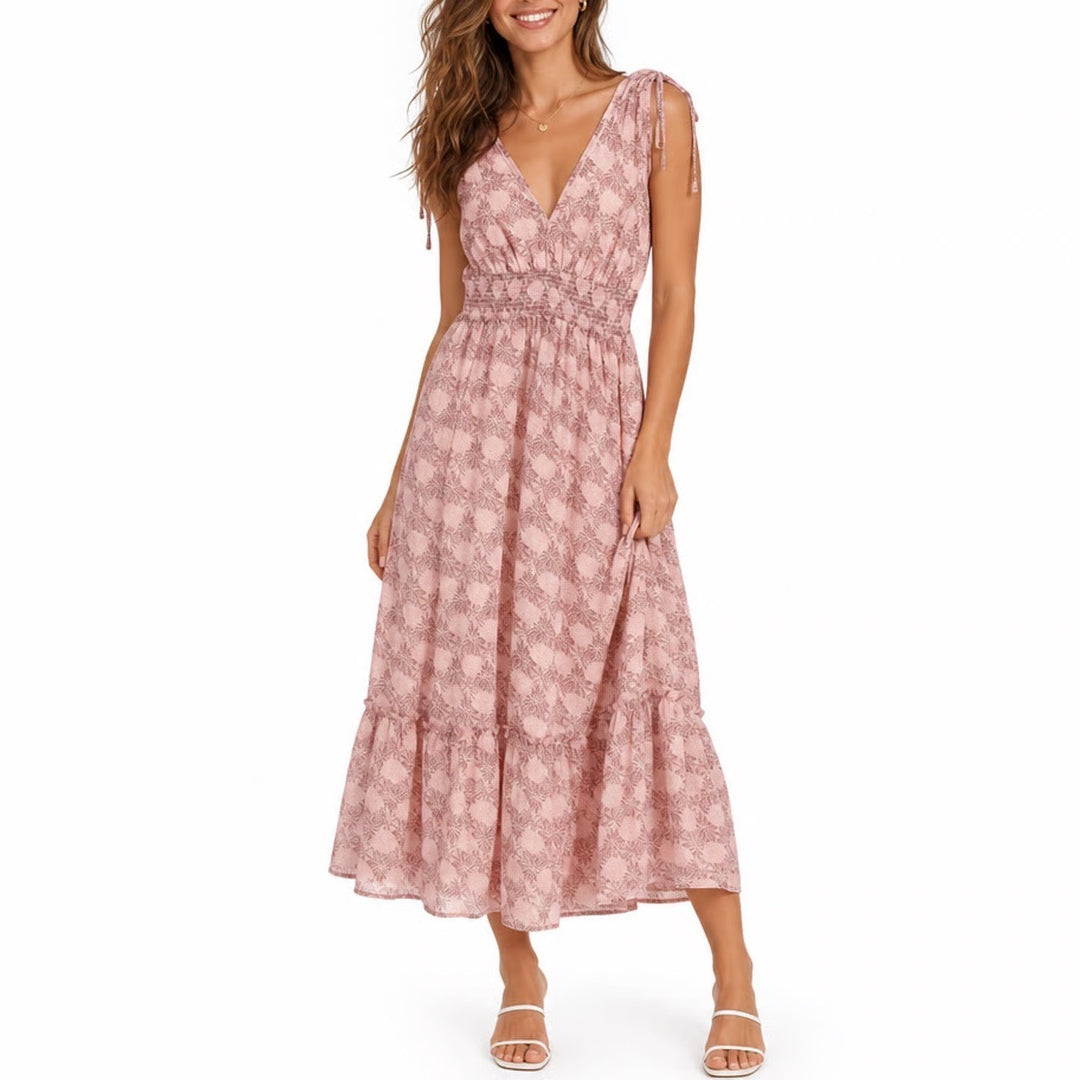 Lush Pink Floral Medallion V-Neck Smocked Waist Tie Shoulder Maxi Dress Large