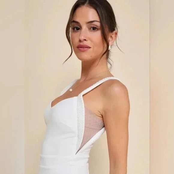 Lulus Love Aglow White Pearl Beaded Sleeveless Straight Leg Jumpsuit Size XL