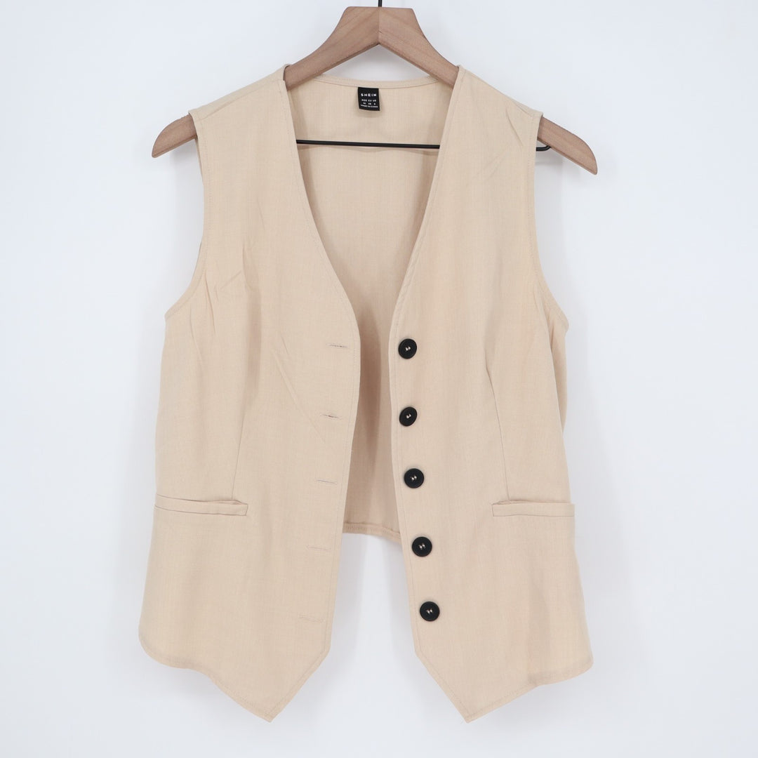 Shein Waistcoat Women's Medium Beige Stretch V-Neck Sleeveless Button Front