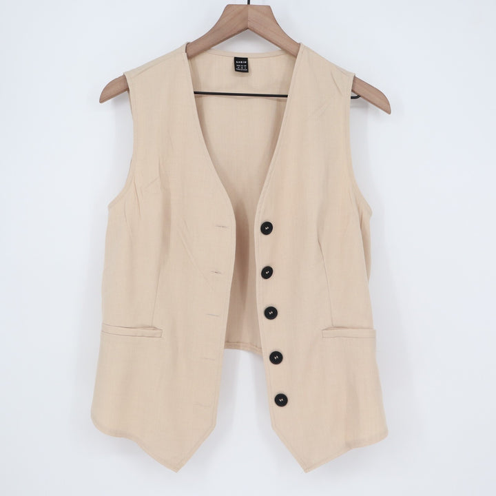Shein Waistcoat Women's Medium Beige Stretch V-Neck Sleeveless Button Front