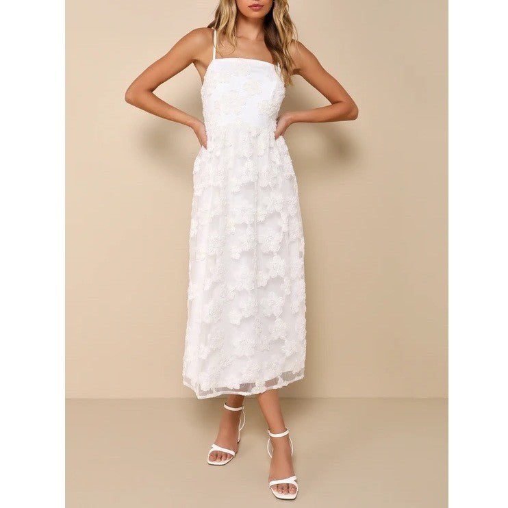 Lulus Delightful Charisma Midi Dress Womens Medium White Embroidered Sequin Mesh