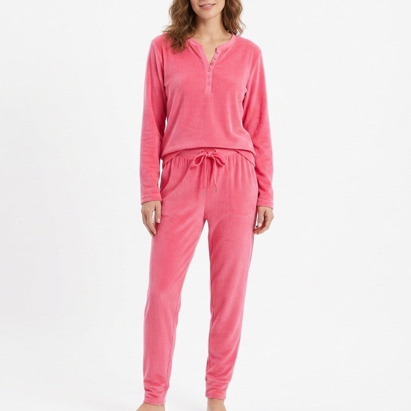 Roudelain 2-PC Pajamas Set Womens M Pink Stretch Fleece Sleepwear Henley Neck