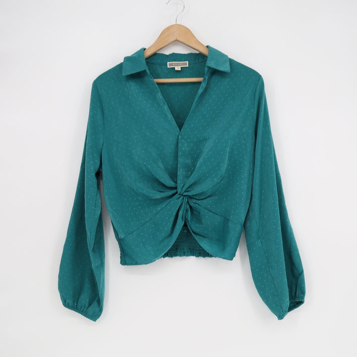 Pleione Teal Twist Front Polka Dot Smocked Blouse GMG512170 Mens Medium