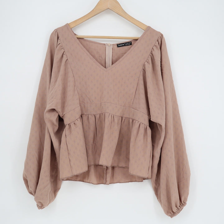Shein Mauve Textured V-Neck Puff Sleeve Peplum Blouse Top Large