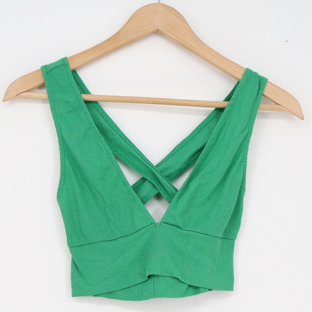 SHEIN Womens Green Ribbed V-Neck Crisscross Back Crop Top Size XS