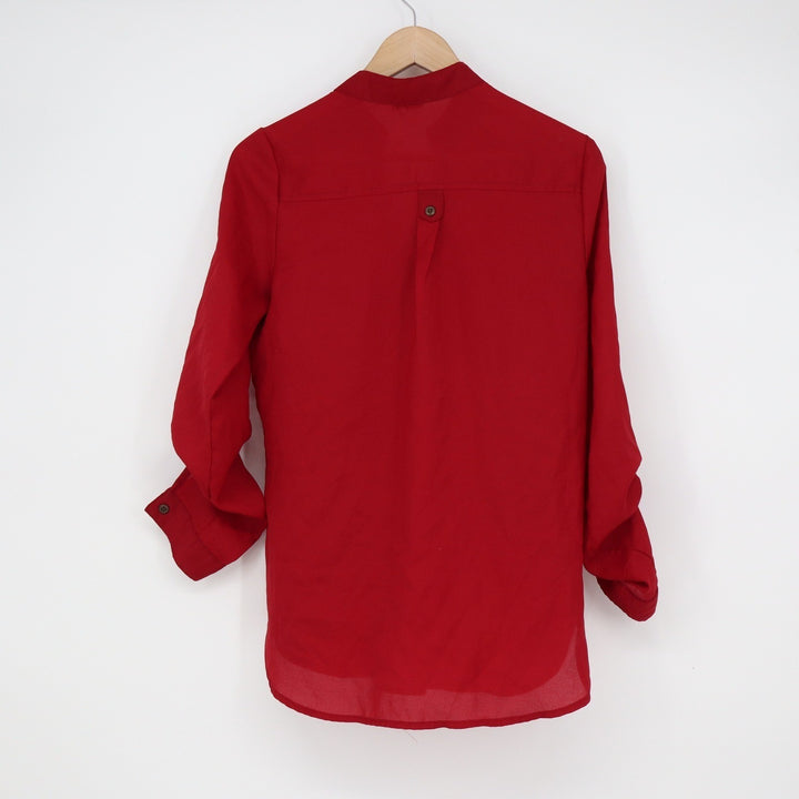 Charlotte Russe Red Studded Pocket Roll Tab Sleeve Blouse Henley Top Medium