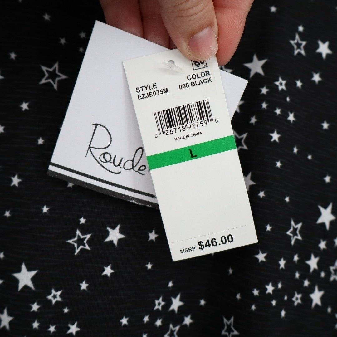 Roudelain Pajama Top Women L Black Stretch Star Printed Shirttail Hem Sleep Wear