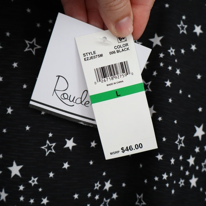 Roudelain Pajama Top Women L Black Stretch Star Printed Shirttail Hem Sleep Wear