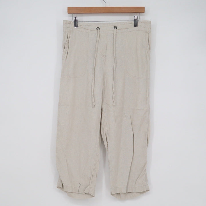Per Se Womens Linen Blend Cropped Drawstring Pants Beige Oatmeal Size Medium