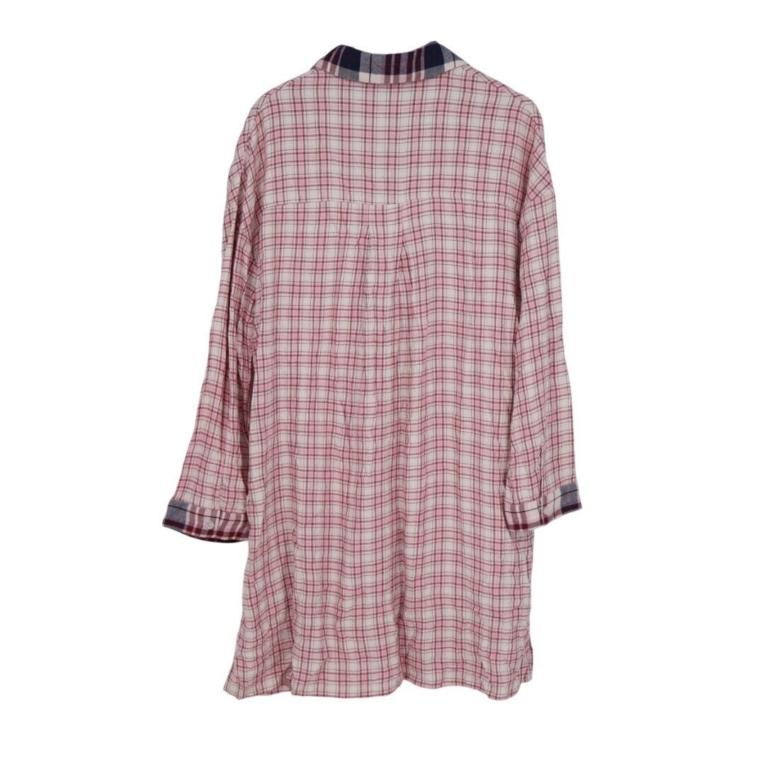 Roudelain Flannel Sleep Shirts Womens L Pink Pleated Spread Collar Long Sleeve