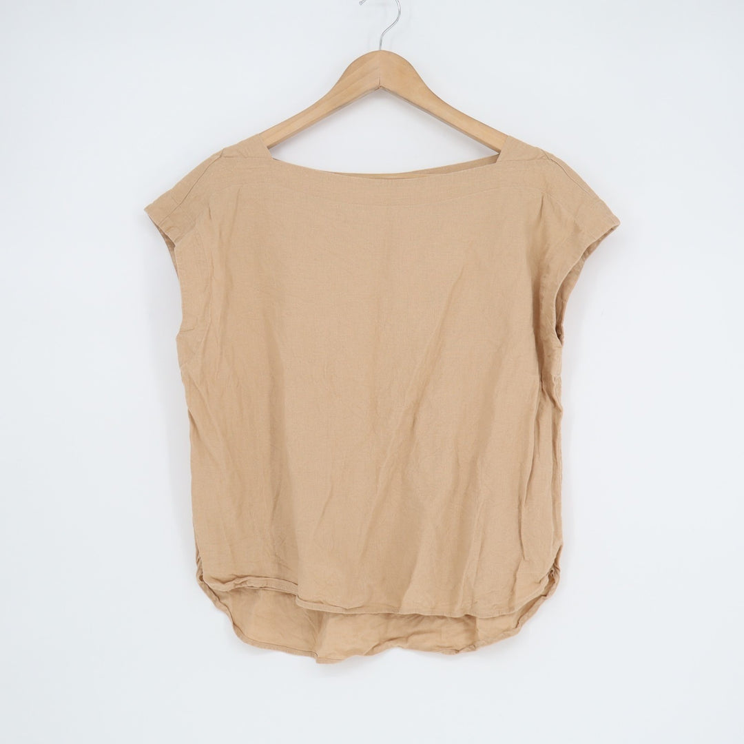 Ann Taylor Blouse Top Womens Small Beige Linen Cap Sleeve Curved Hem Office Wear