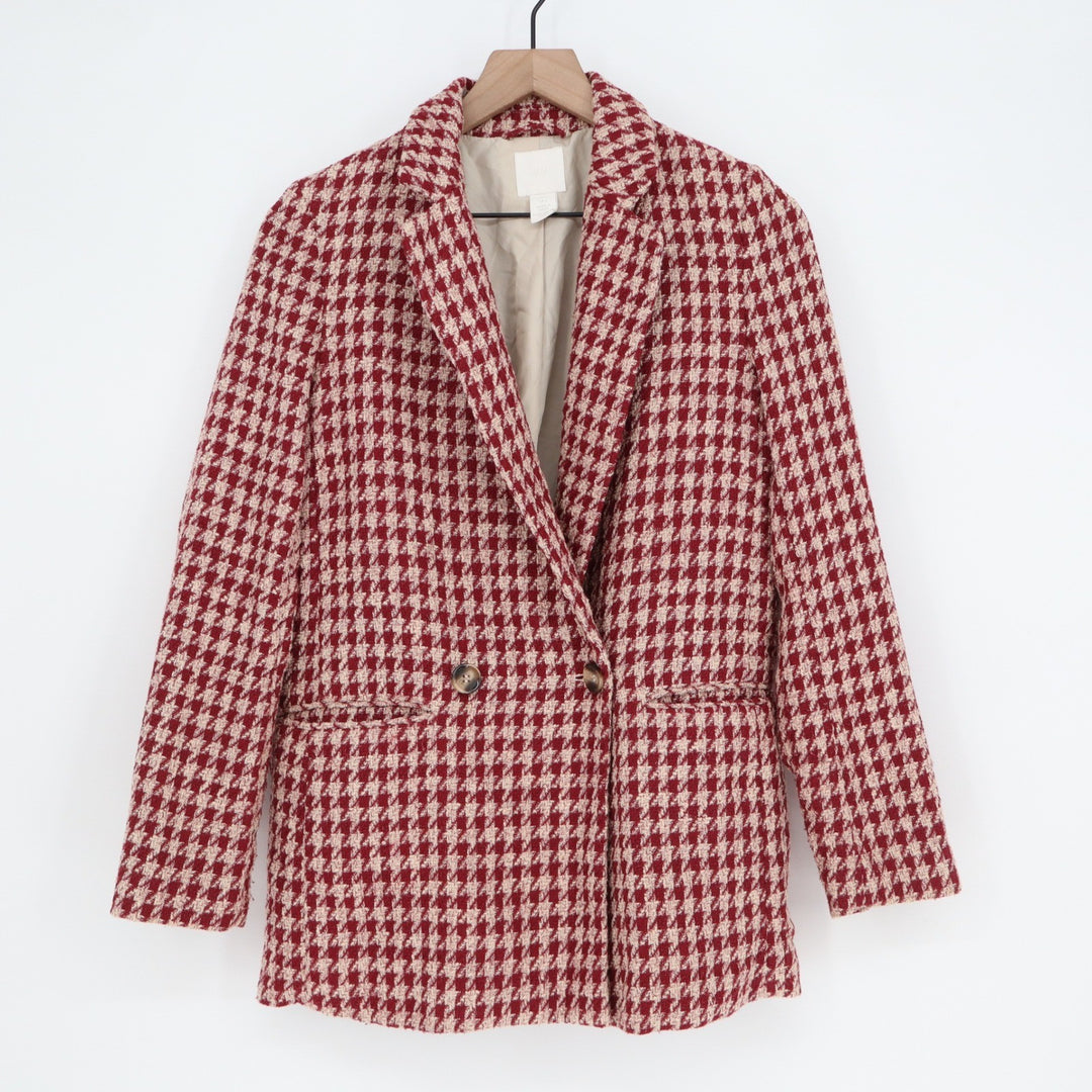 HM Womens Red Cream Houndstooth Double Breasted Blazer Jacket Size 2