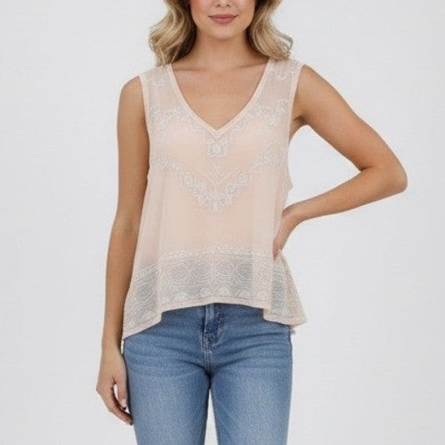 Free People Beaded V Neck Sleeveless Sheer Blouse Peach M