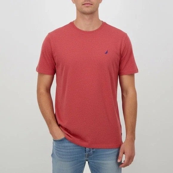 Nautica Mens Large Heather Red Cotton Spandex Short Sleeve Crew Neck Logo Tee
