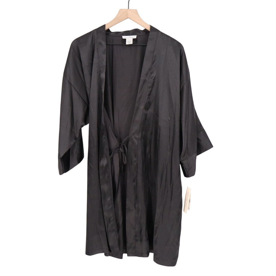 Linea Donatella Wrap Robe Lingerie Womens L/XL Black Satin 3/4 Sleeve Sleepwear