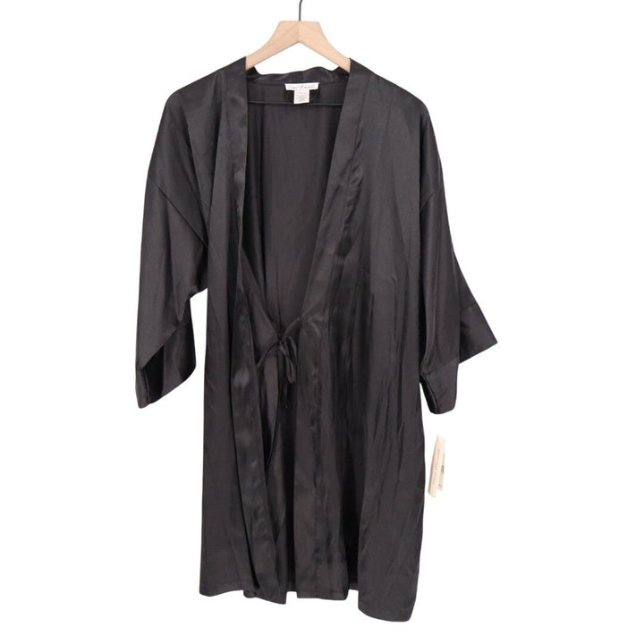 Linea Donatella Wrap Robe Lingerie Womens L/XL Black Satin 3/4 Sleeve Sleepwear