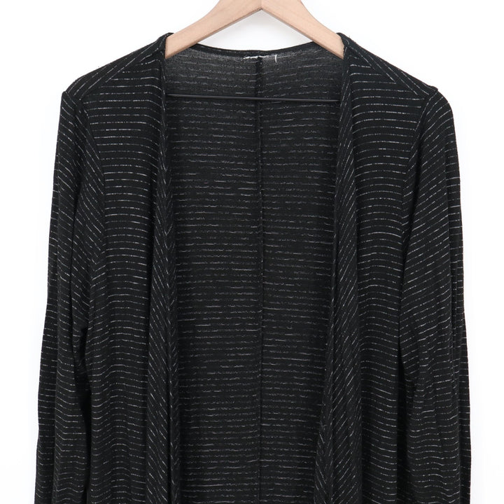 Cardigan Sweater Womens Black Striped Open Front Knit Long Sleeve Pullover