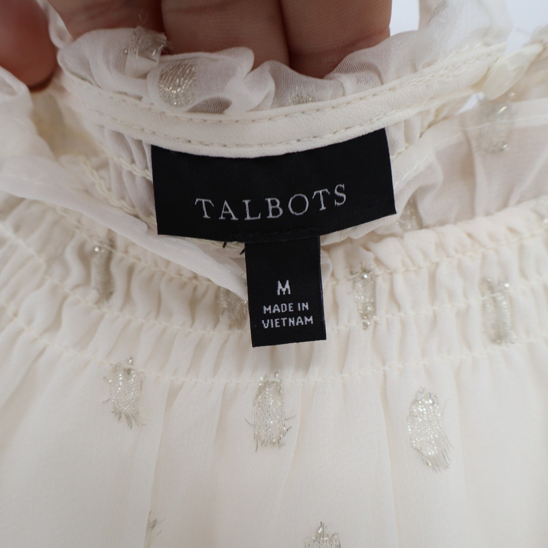 Talbots Womens Ivory Metallic Clip Dot Ruffle Neck Blouse Top Size M