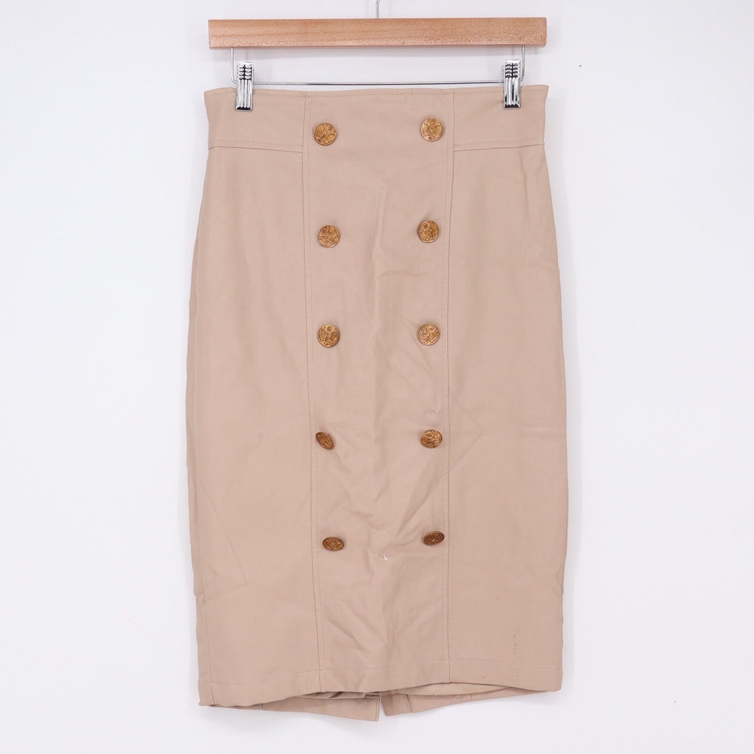 Forever 21 Skirt Womens M Pencil Beige Faux Leather Gold Button Good