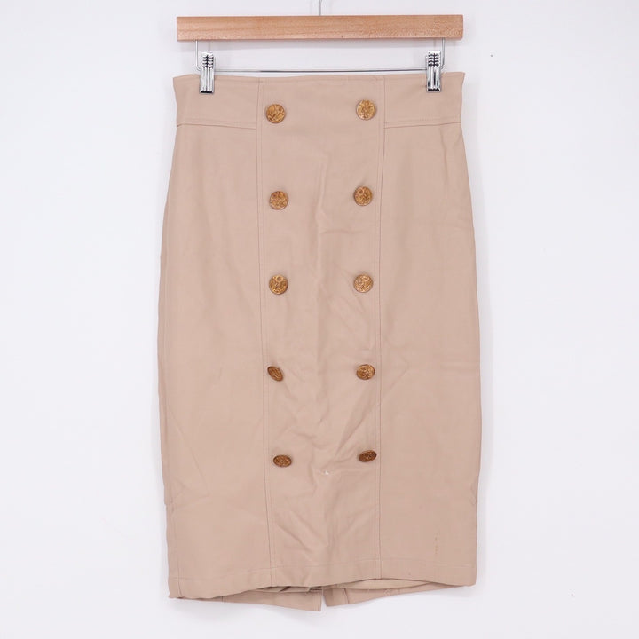 Forever 21 Skirt Womens M Pencil Beige Faux Leather Gold Button Good