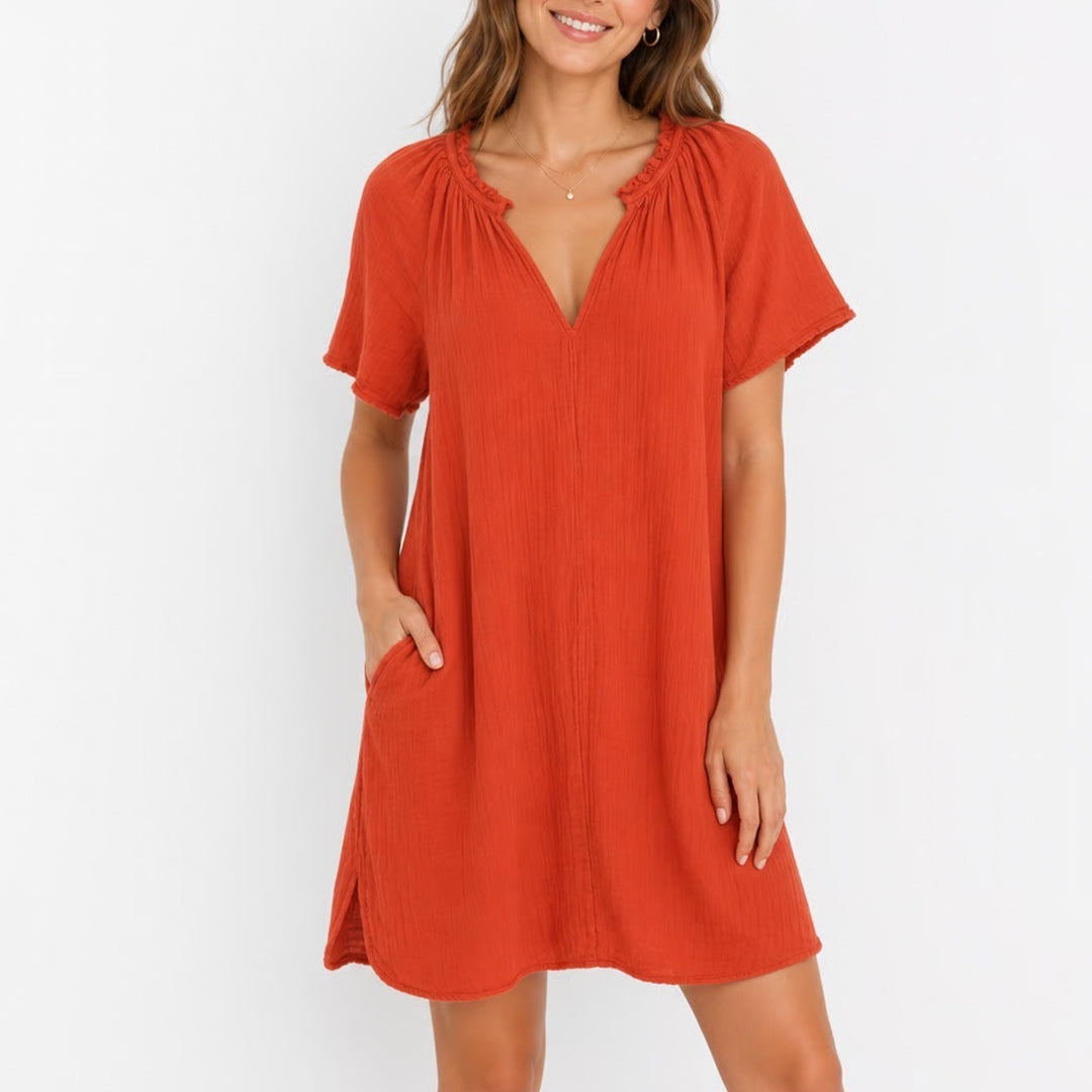 Old Navy Babydoll Dress Womens MP Rust Cotton Pleated Side Pockets Split Neck