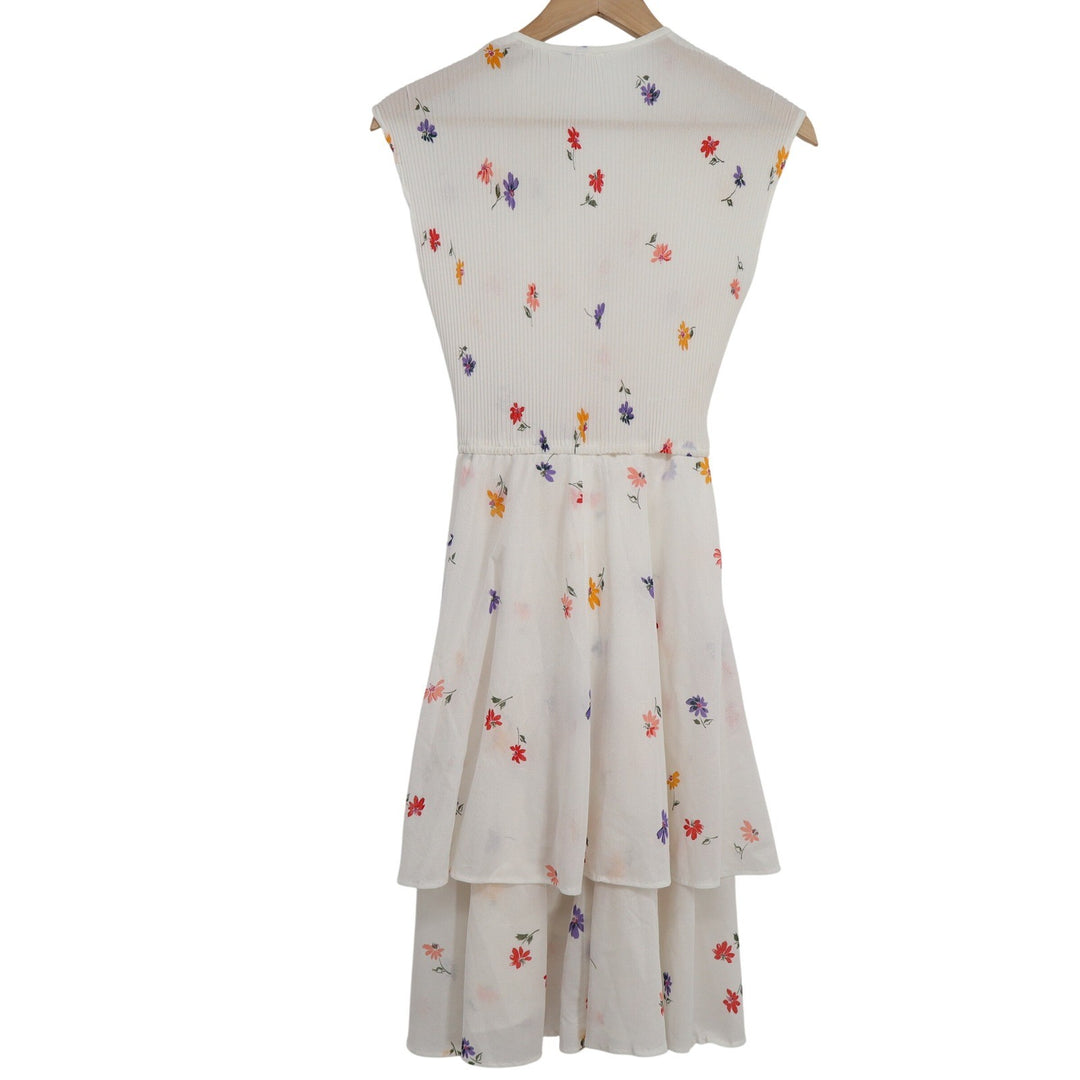 White Floral Pleated V-Neck Midi Dress Sleeveless High-Low Tiered Ruffle Skirt